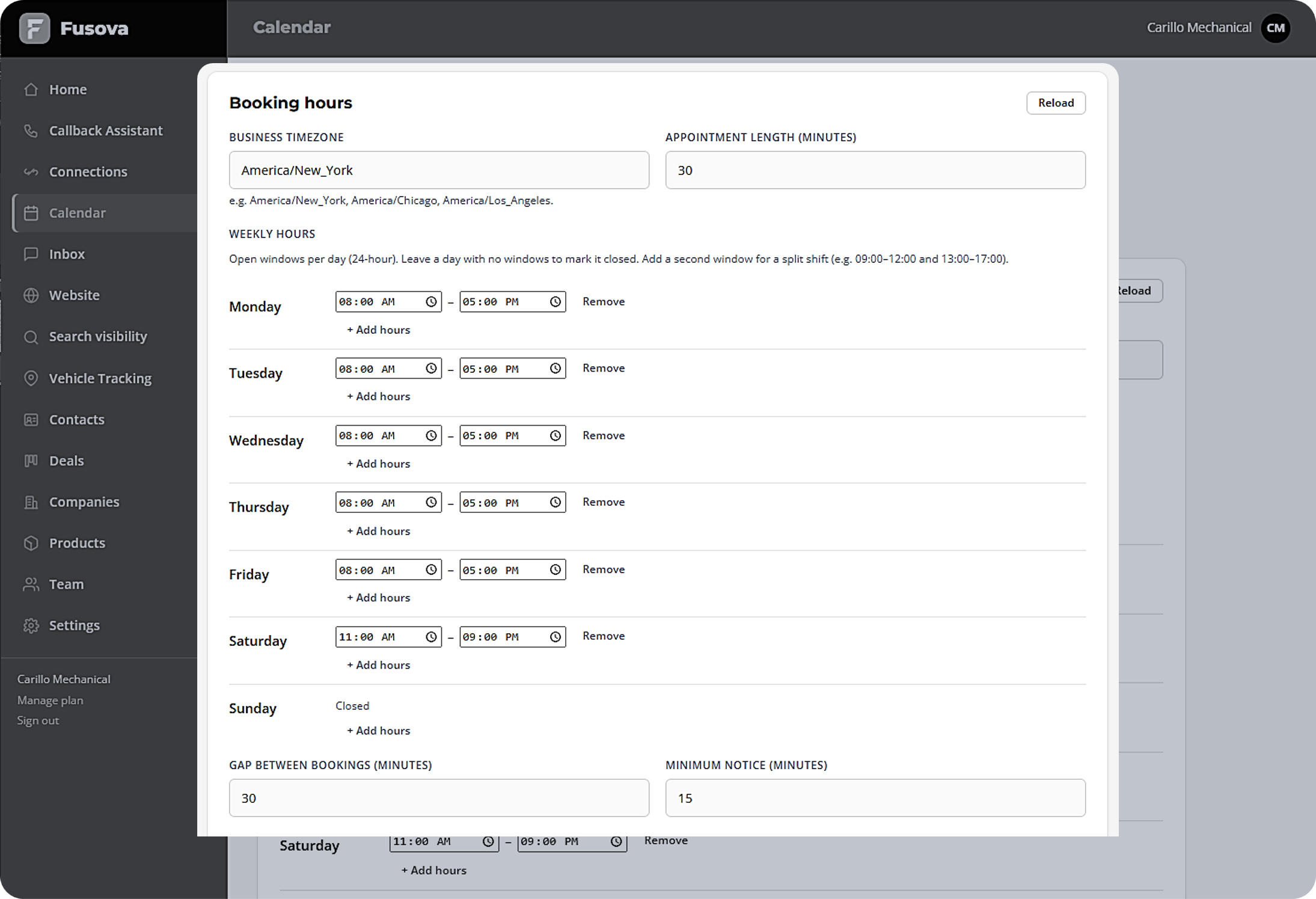 Booking-hours settings — business time zone, appointment length, weekly open hours per day, gap between bookings, and minimum notice